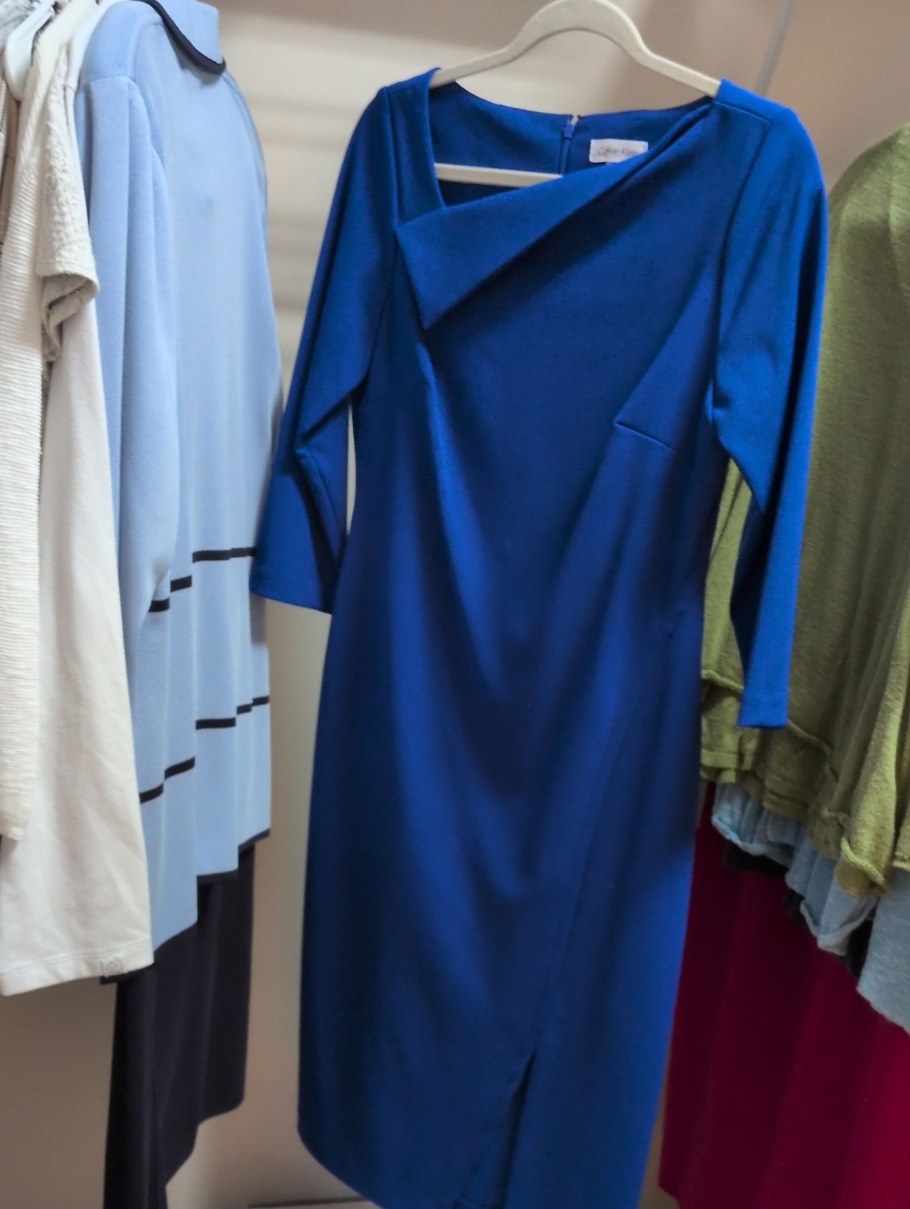 Calvin Klein Cobalt Blue Midi Dress with Asymmetric Neckline And Skirt Size 10